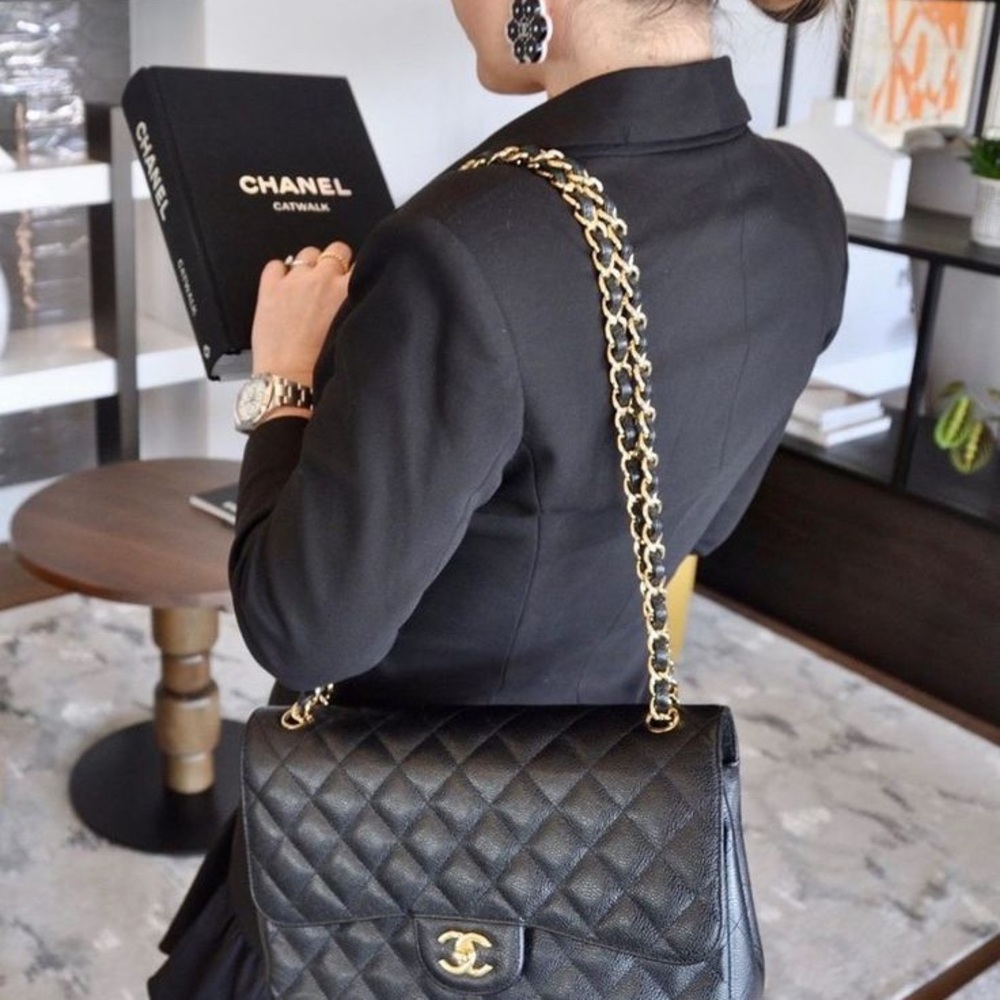Rare! Chanel CC 24 kt Gold HW Classic Single Flap Bag Quilted BLACK Caviar JUMBO - Picture 12 of 16